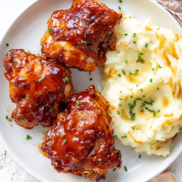 Tender Honey BBQ Chicken Thighs boast sticky, caramelized sauce, served near creamy, perfectly mashed potatoes.