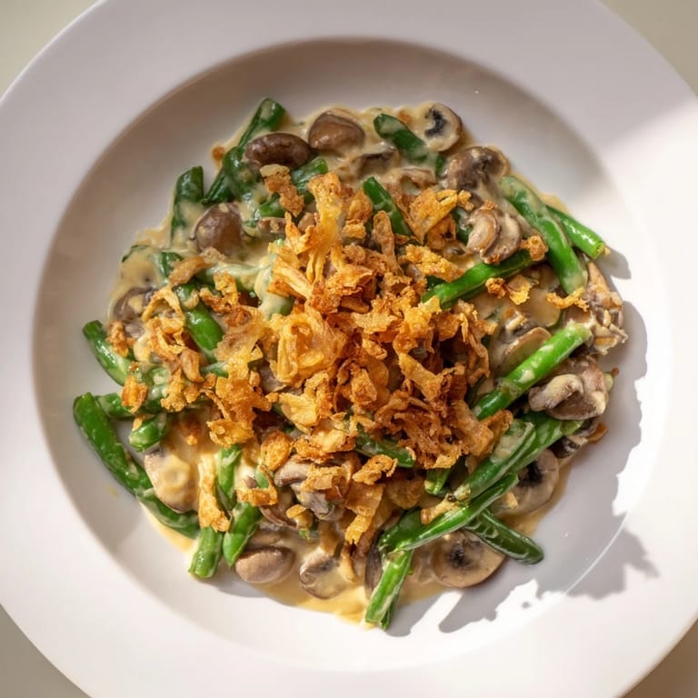 Tender green beans are coated in sauce and topped with crispy onions in this Old-School Green Bean Casserole.