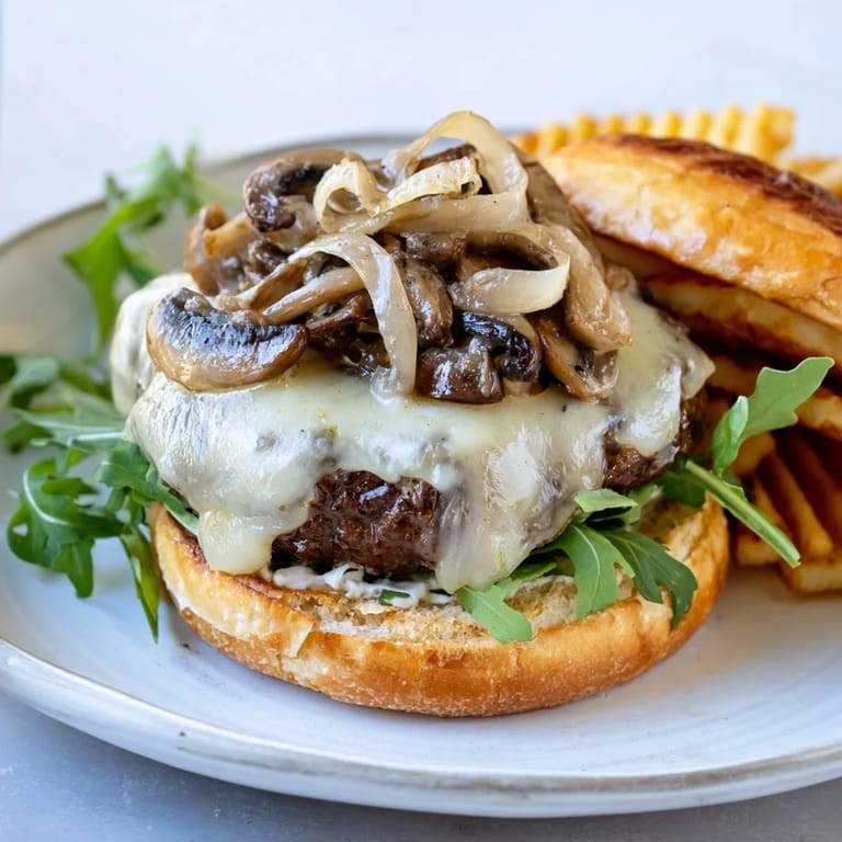 A close-up shot of a delicious Mushroom Swiss Burger, showcasing melted cheese, mushrooms, and golden waffle fries.