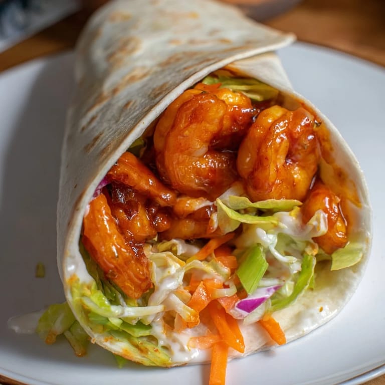A close-up of delicious buffalo shrimp wraps, bursting with color and the perfect texture.