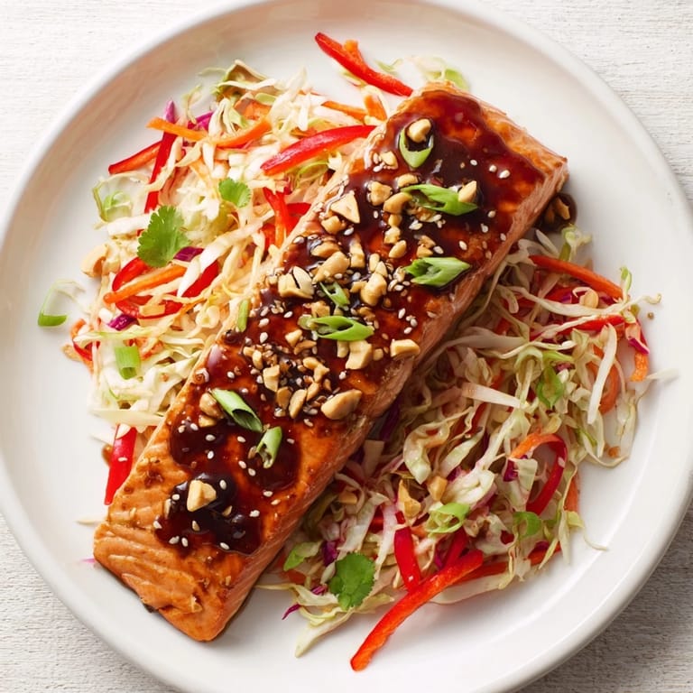 A flavorful Teriyaki Salmon Bowl showcases perfectly cooked salmon next to vibrant, crunchy Asian slaw.