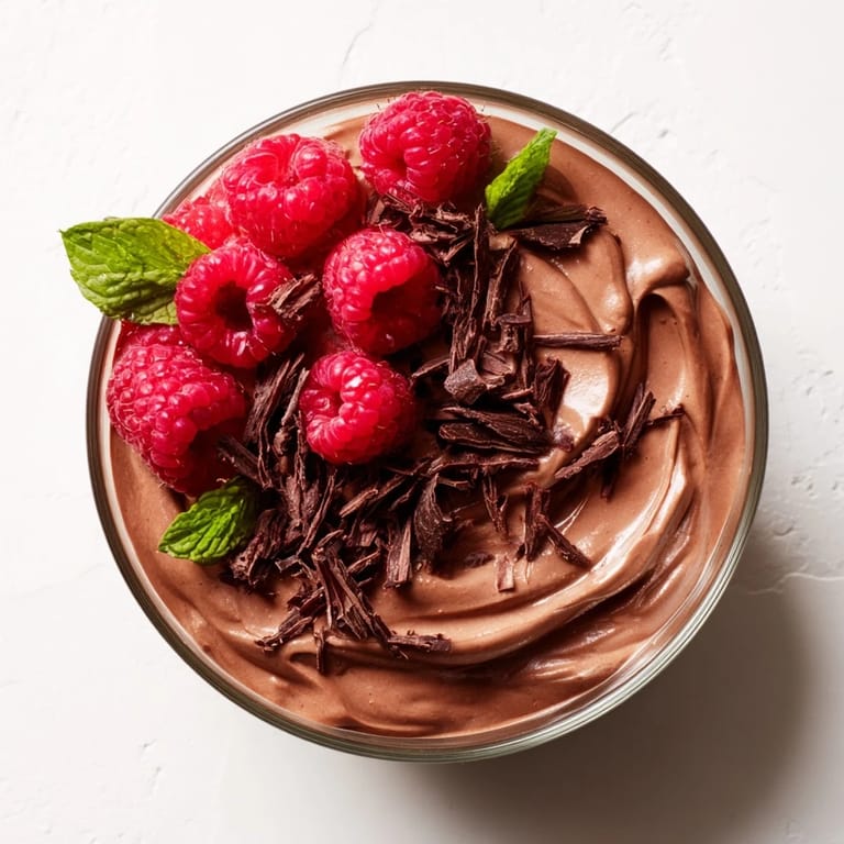 A close-up of rich avocado chocolate mousse, textured and crowned with flavorful raspberries.