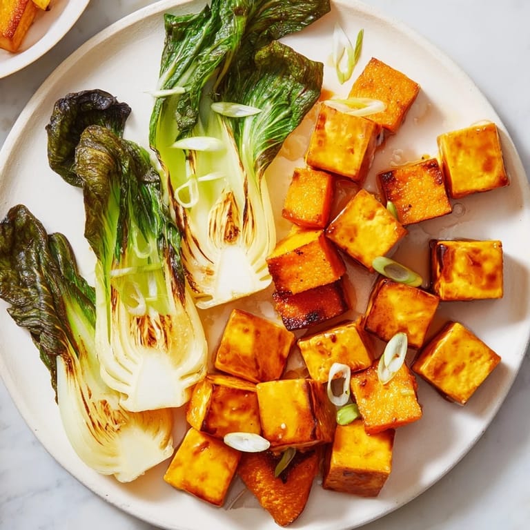 A delicious serving of Miso-Glazed Tofu & Winter Squash, a vegan main course, bursting with flavor.