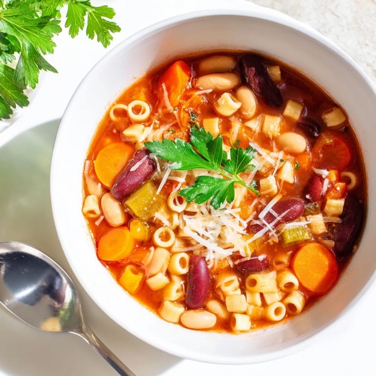 Hearty homemade Pasta e Fagioli Soup with visible chunks of vegetables floating in a rich tomato broth.