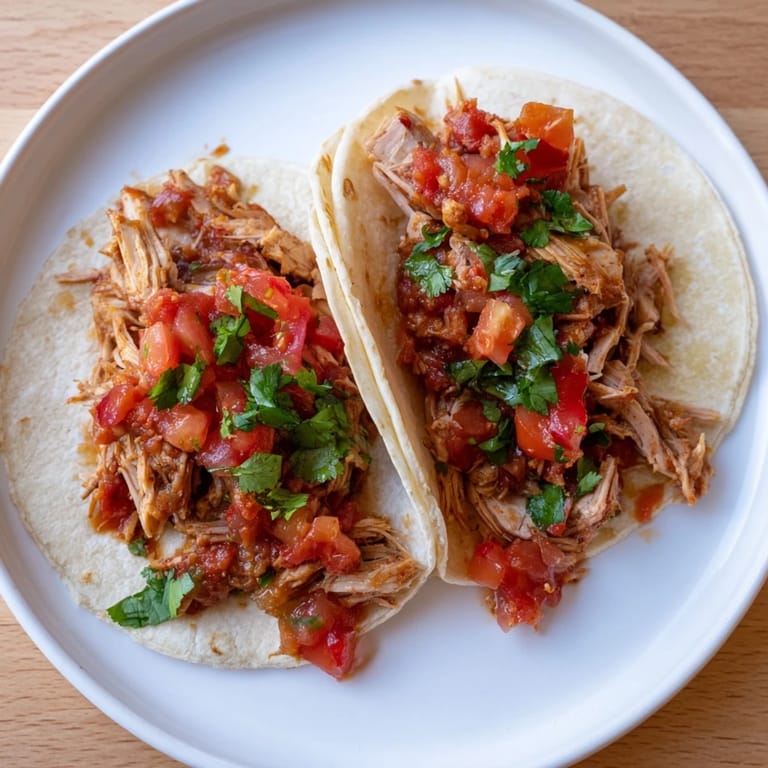 A close-up of juicy Crock-Pot Shredded Chicken Tacos, piled high with flavorful chicken and spices.