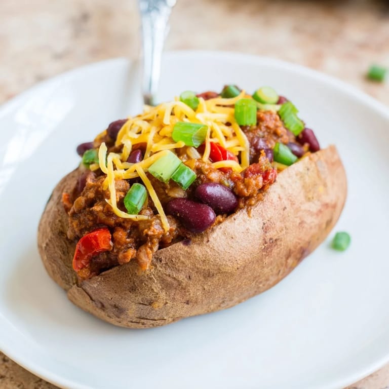 A generous serving of hearty chili blankets a fluffy Chili-Style Baked Potato, perfect for a cozy dinner.