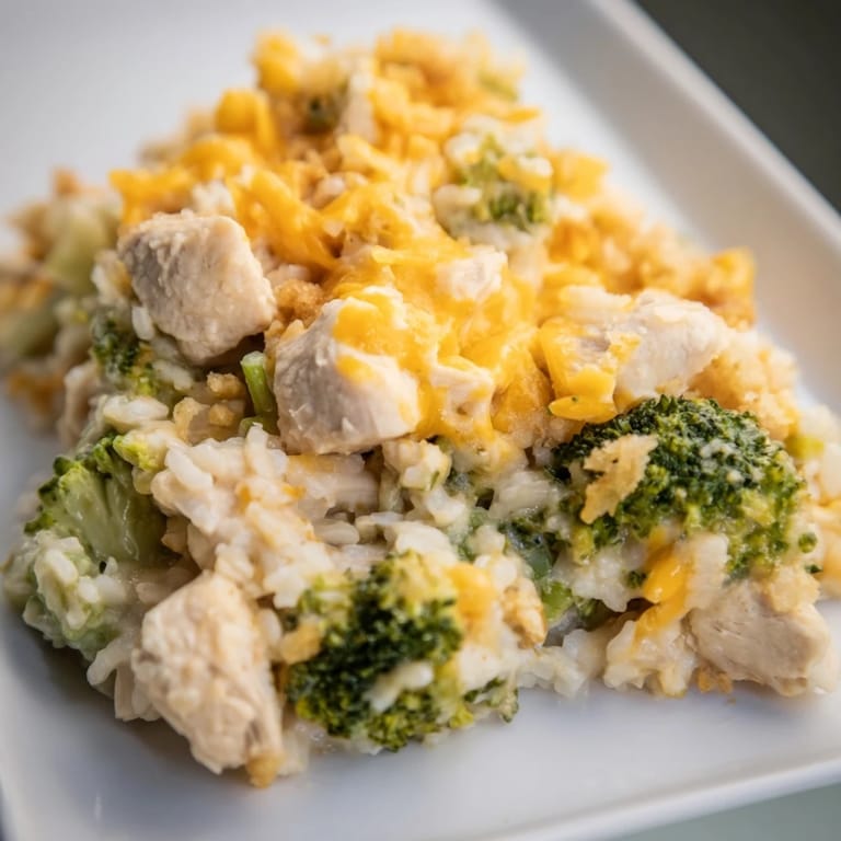 A close up shot of a hearty Chicken & Broccoli Rice Casserole, a comforting family meal.