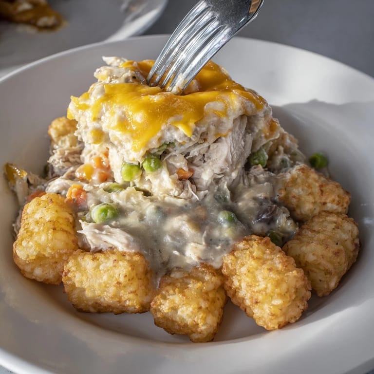 A bubbling 9x13 dish of Tater Tot Chicken Pot Pie, featuring a crispy tater tot crust.