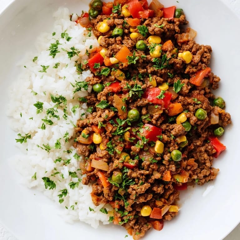 Delicious, colorful ground beef skillet with rice, fresh herbs, and optional shredded cheese on top.