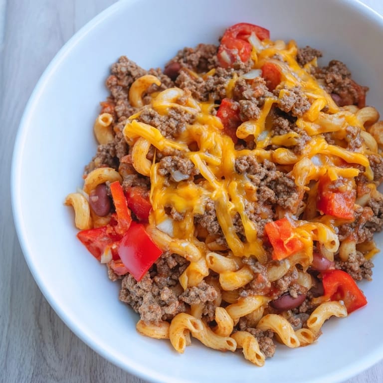 Hearty and flavorful Cheeseburger Chili Mac Skillet, a perfect American comfort food recipe, bubbling in a skillet.