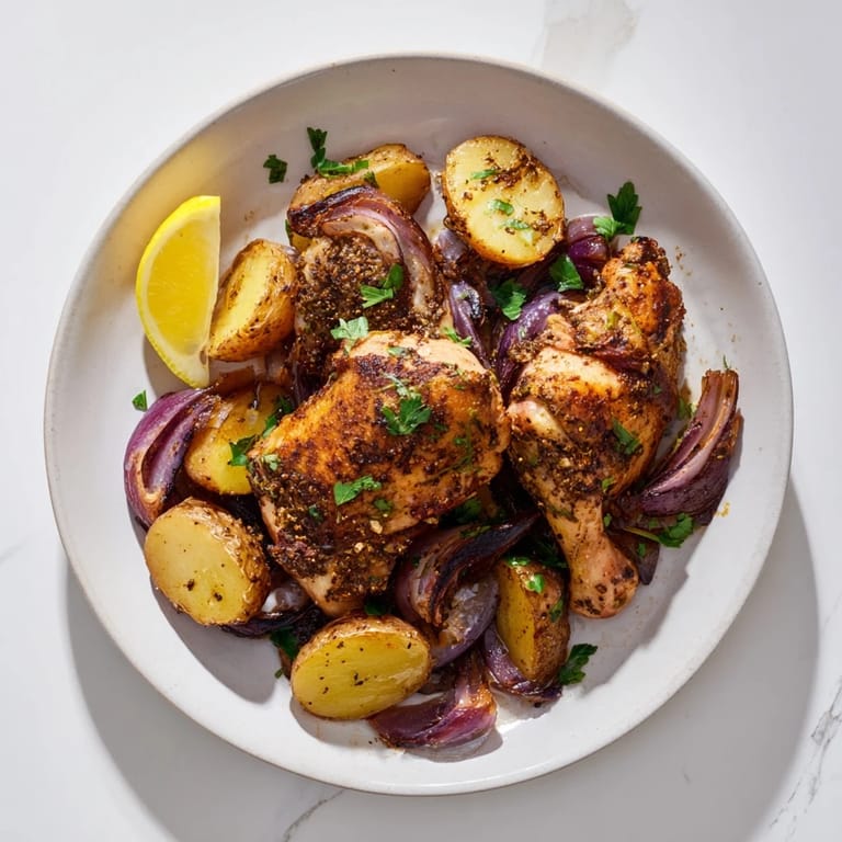 The aromatic Sheet Pan Zaatar Chicken and potatoes, featuring flavorful spices and tender, savory chicken.