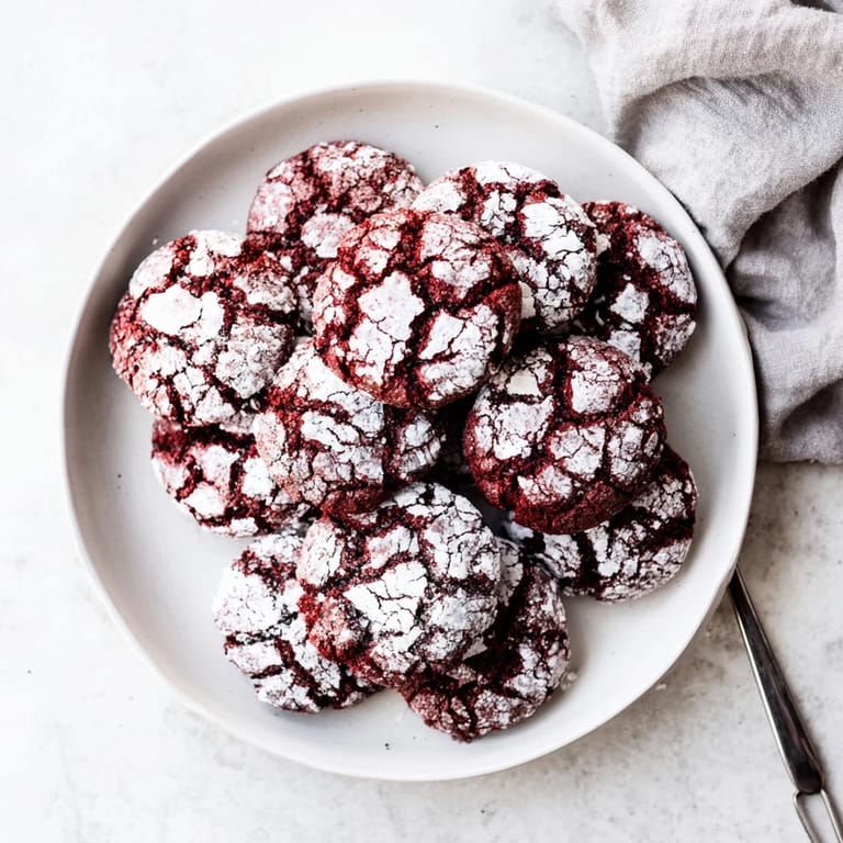 Chewy Red Velvet Chocolate Crinkle Cookies with vibrant red color, perfect for a holiday treat or celebration.