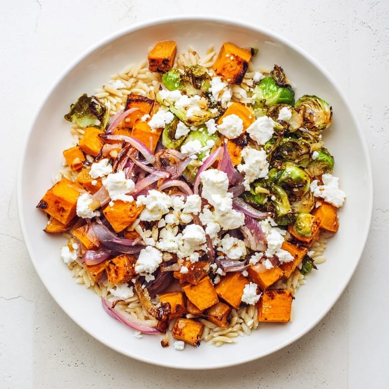 A close-up of the delicious Best Fall Harvest Orzo Salad showcasing the colorful autumn ingredients.