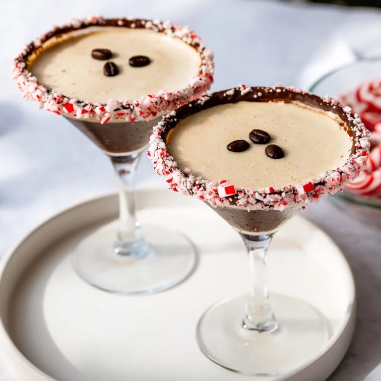 A visually appealing Peppermint Espresso Martini with a chocolate peppermint rim, ready to enjoy.