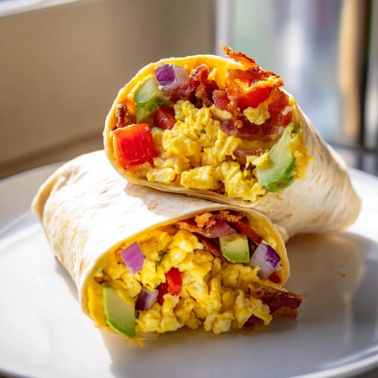 Crispy bacon and colorful peppers filling each Easy Festive Breakfast Burrito Wrap, perfect for brunch.