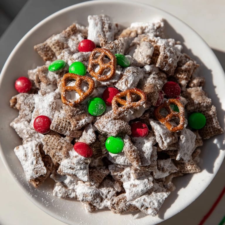 Homemade Simplified Reindeer Chow shows off perfectly coated, crunchy cereal ready to enjoy.