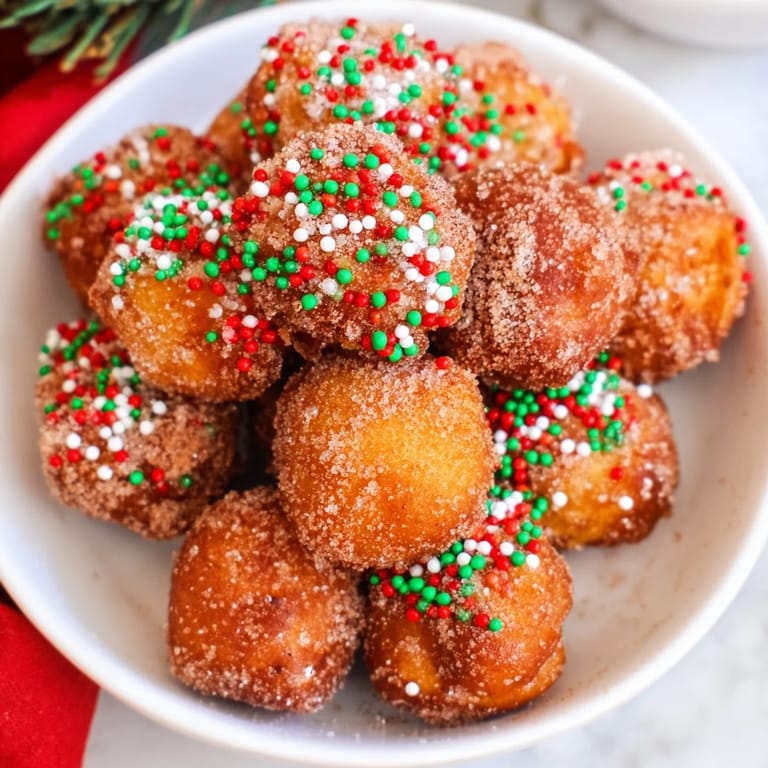Warm, fluffy Christmas donut holes, cooked in the air fryer, and dusted with cinnamon sugar.