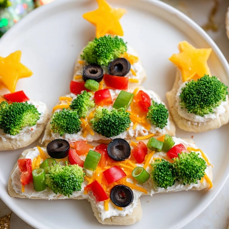 Festive Easy Christmas Tree Veggie Pizza appetizer with colorful veggies and a creamy topping, ready to serve and enjoy.