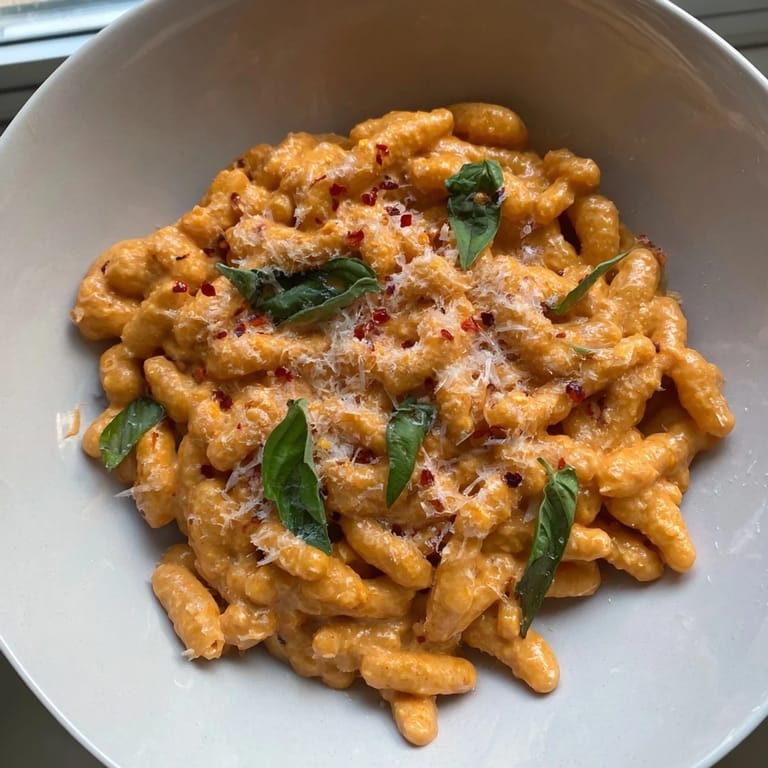 A close-up of Spicy Vodka Sauce Ditalini; steam rises from the hot pasta, ready to enjoy.
