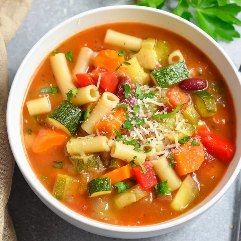 A flavorful Italian Veggie-Packed Minestrone Christmas Pasta Pot with colorful, soft vegetables and pasta.