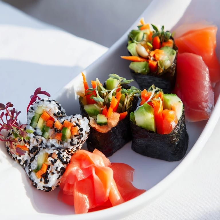 This Sail Away Boat-Shaped Sushi Platter presents a vibrant array of sushi with glistening salmon and tuna.