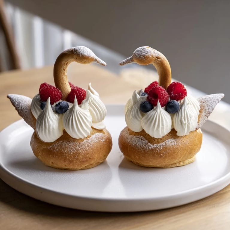 The golden-brown Plateau Cygne Pâtisseries Aériennes shine with dusted sugar and fresh berries.