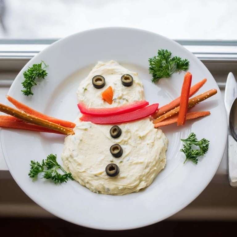 This festive Melted Snowman Dip Bowl features a creamy base dotted with olive eyes and a carrot nose.