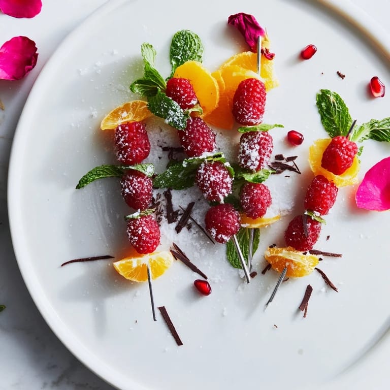 Fresh raspberries and pomegranate seeds on skewers, part of these beautiful Baisers de Minuit decorations.