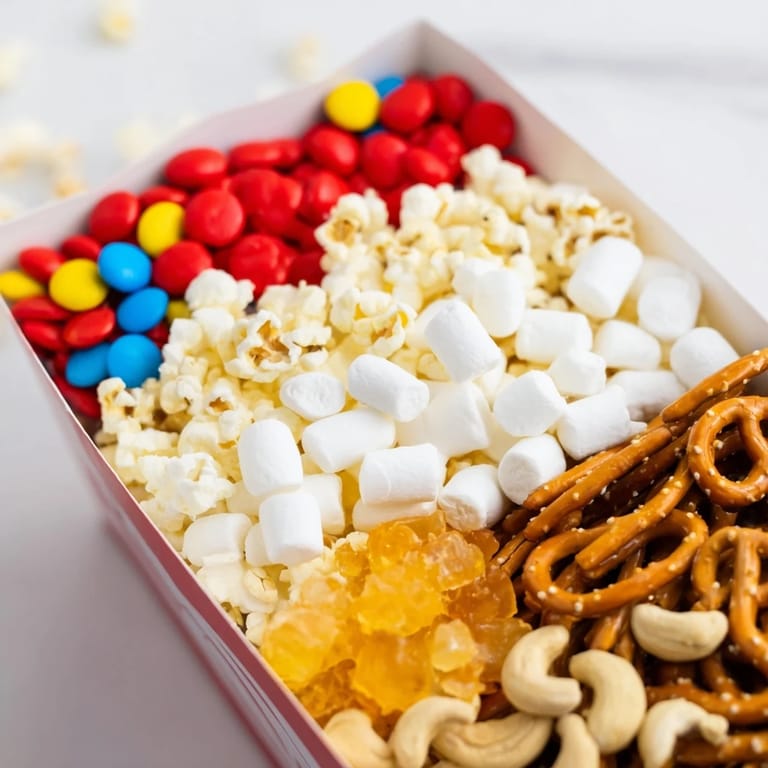 Arrangement of popcorn boxes with colorful candies and popcorn; ideal for a fun movie night.