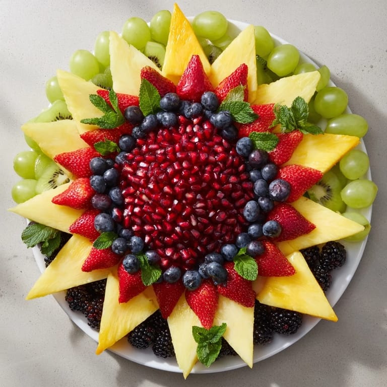 Fresh fruit bursts in this image of the Pomegranate Starburst Platter, perfect for a gathering.