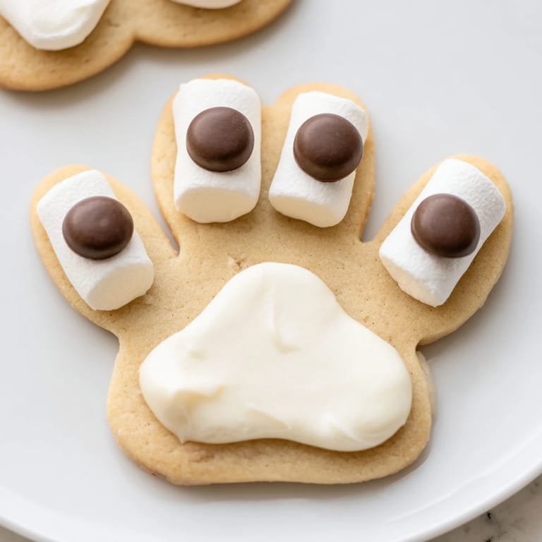 Close-up photo of frosted Polar Bear Paw Print Cookies, ready to eat alongside a warm drink.