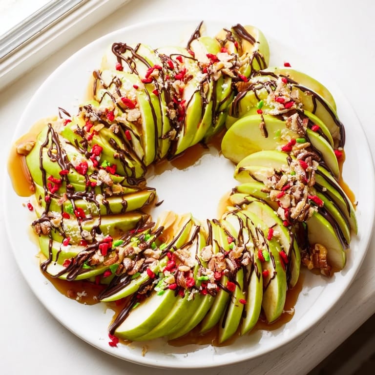 Festive caramel apple slice Christmas wreath: a close-up of beautifully arranged, drizzled apple slices.