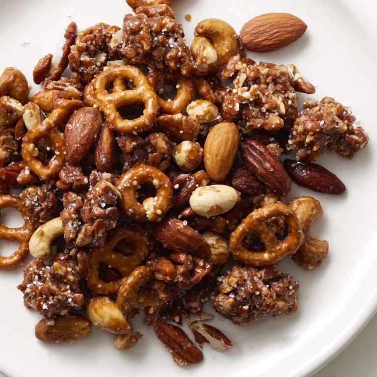Warm, sticky salted caramel coats every pretzel and nut in this decadent Salted Caramel Pretzels recipe.