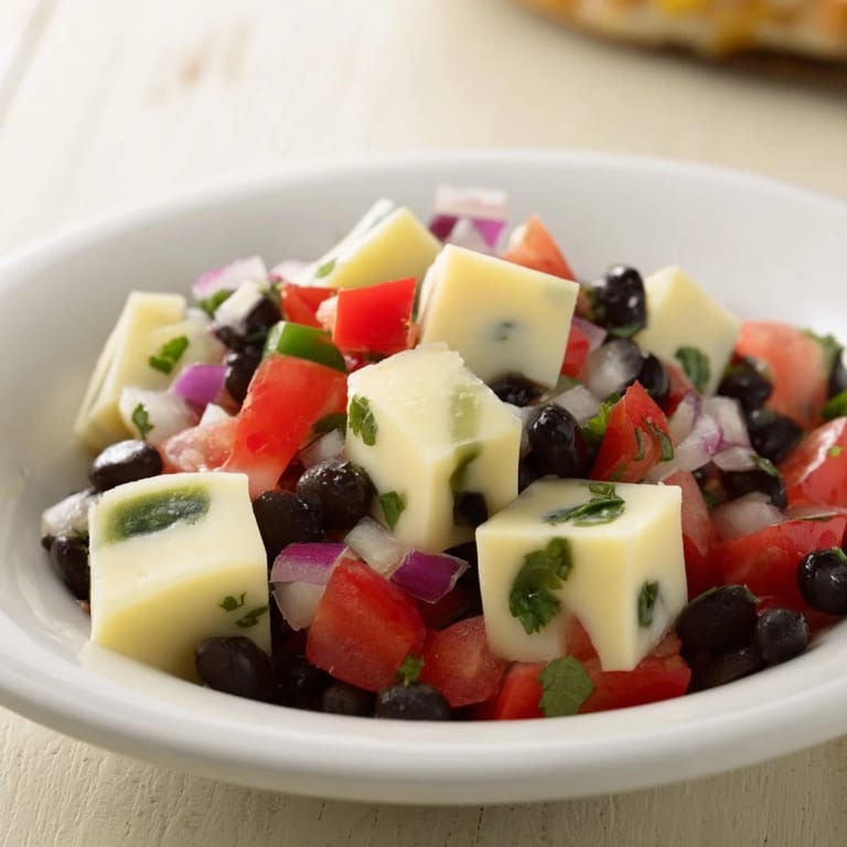 A close-up of savory Pepper Jack cubes with colorful salsa, ready to be enjoyed as a snack.