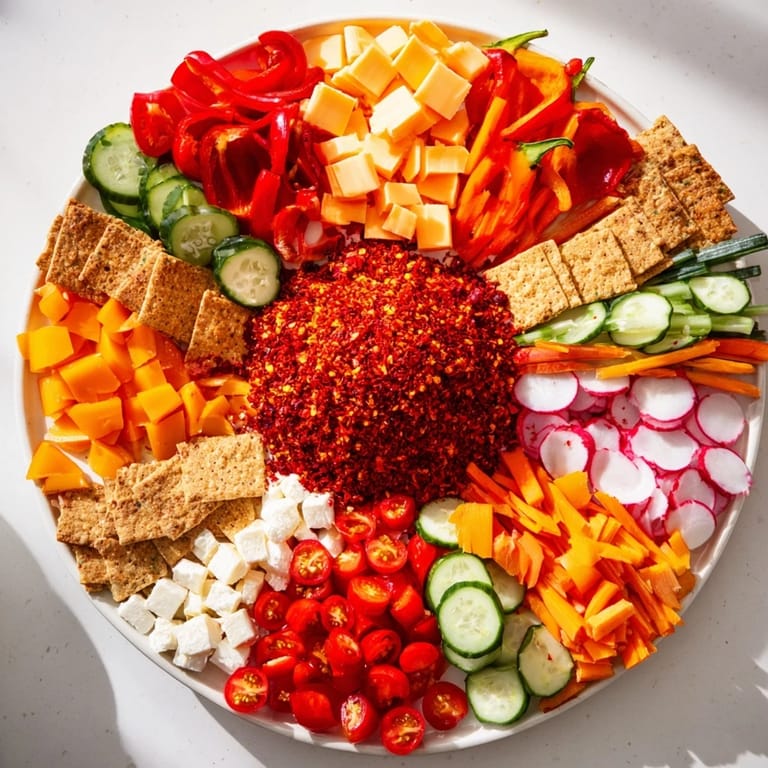 The Spicy Hot Take Platter features a fiery red chili core surrounded by colorful, enticing appetizers and dips.