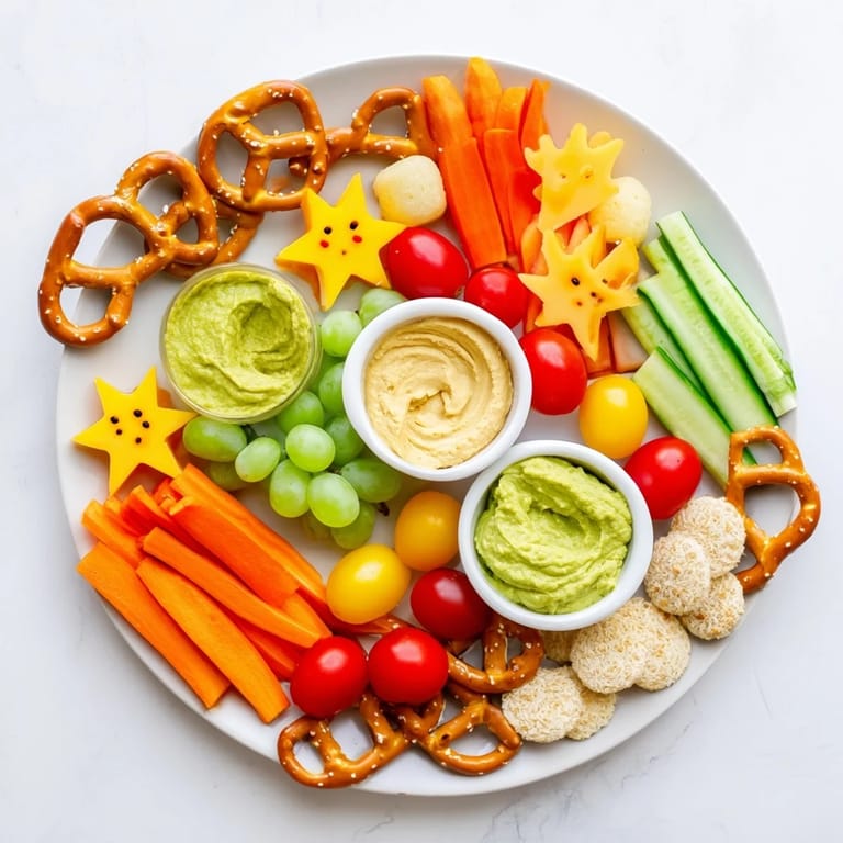 Close-up of a Kids Snack Adventure Map showcasing cheese stars, carrot sticks, and vibrant dips for a playful treat.