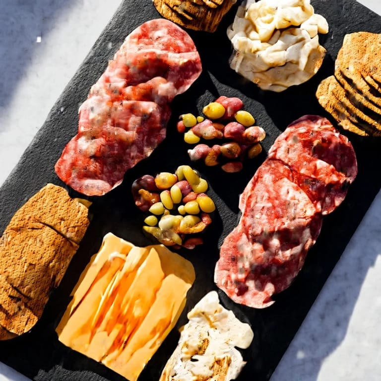 This appetizing The Charcuterie Board for One displays an elegant medley of cured meats and accompaniments.