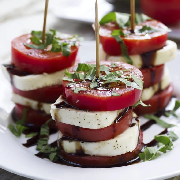 The fresh, colorful Tuscan Pillar features vibrant tomato and mozzarella stacks, lightly seasoned.