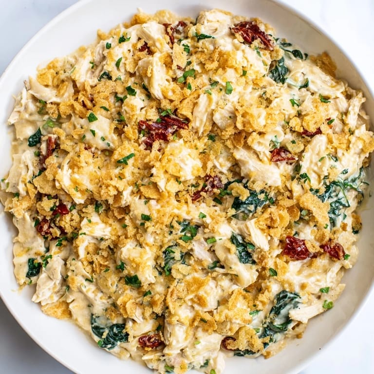 A close-up of the delicious Marry Me Chicken Casserole showcases juicy chicken and sun-dried tomatoes.