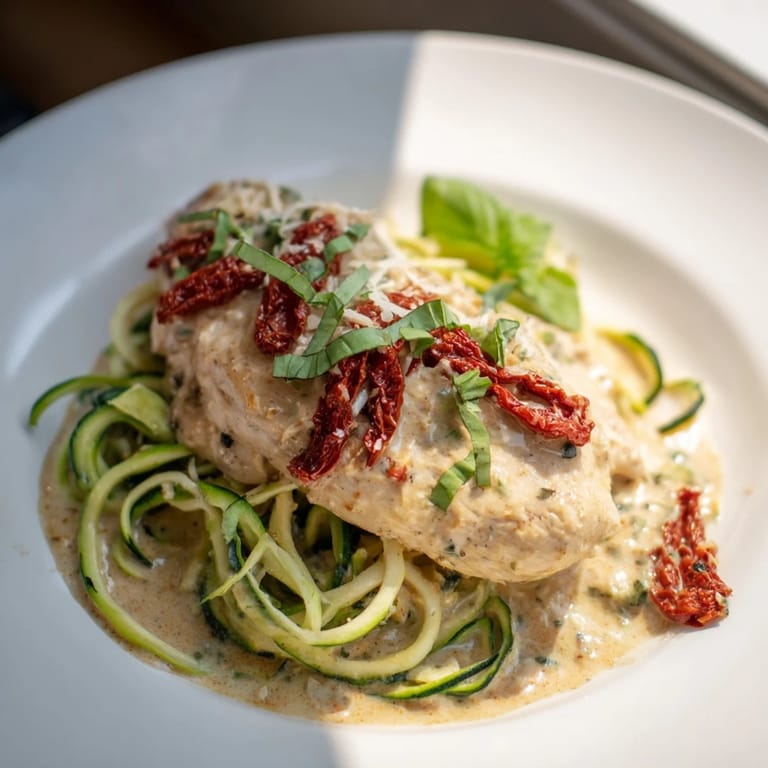 A flavorful plate of Marry Me Chicken Zoodles showcases tender chicken and sun-dried tomatoes in a rich sauce.