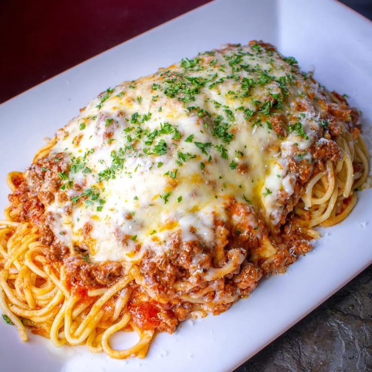 A close-up view of a piping hot dish of Tinis Baked Spaghetti, smelling of rich marinara and melted cheese.