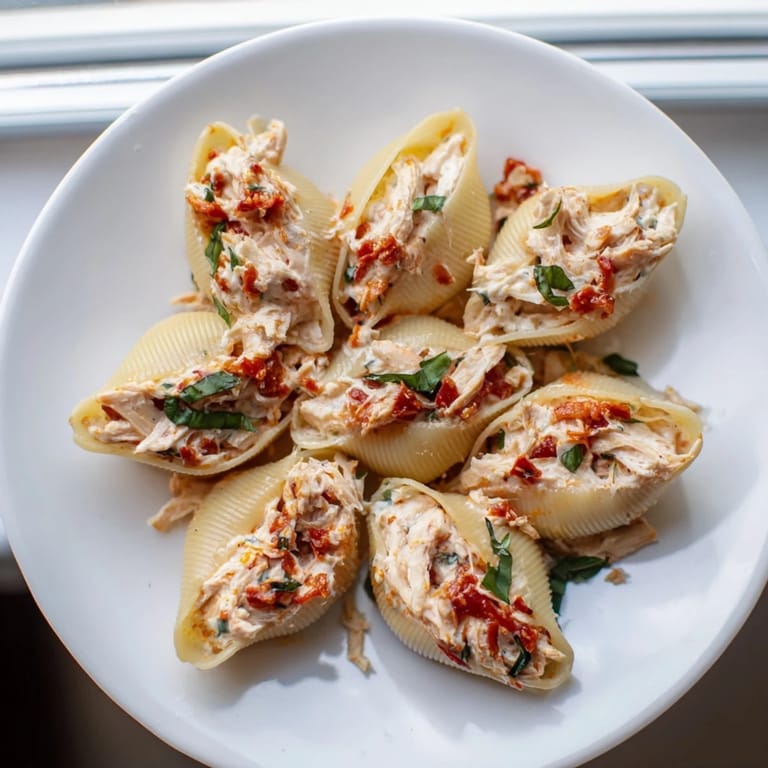 A close-up of Marry Me Chicken Stuffed Shells shows each pasta shell filled with savory ricotta filling and sauce.