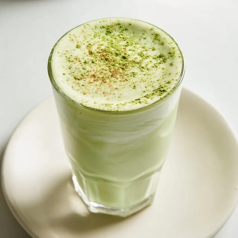 Frosted glass filled with a delicious Matcha Eggnog Collagen Breakfast Smoothie, showcasing blended goodness.