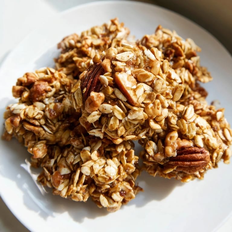 A close-up shot of baked Honey Nut Granola Clusters, showcasing the golden-brown, clustered pieces.