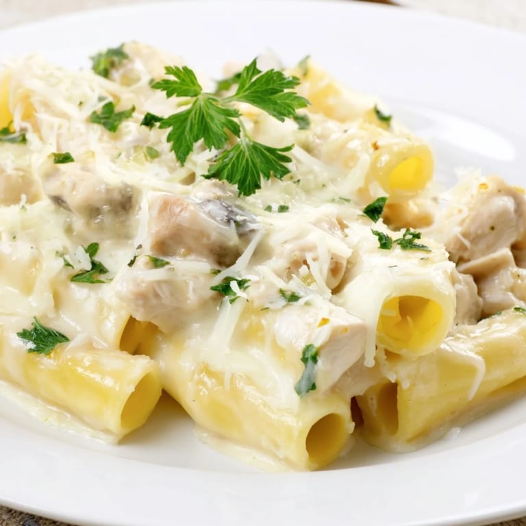 Tender chicken and pasta baked in creamy Alfredo sauce, this Chicken Alfredo Bake is a delicious meal.