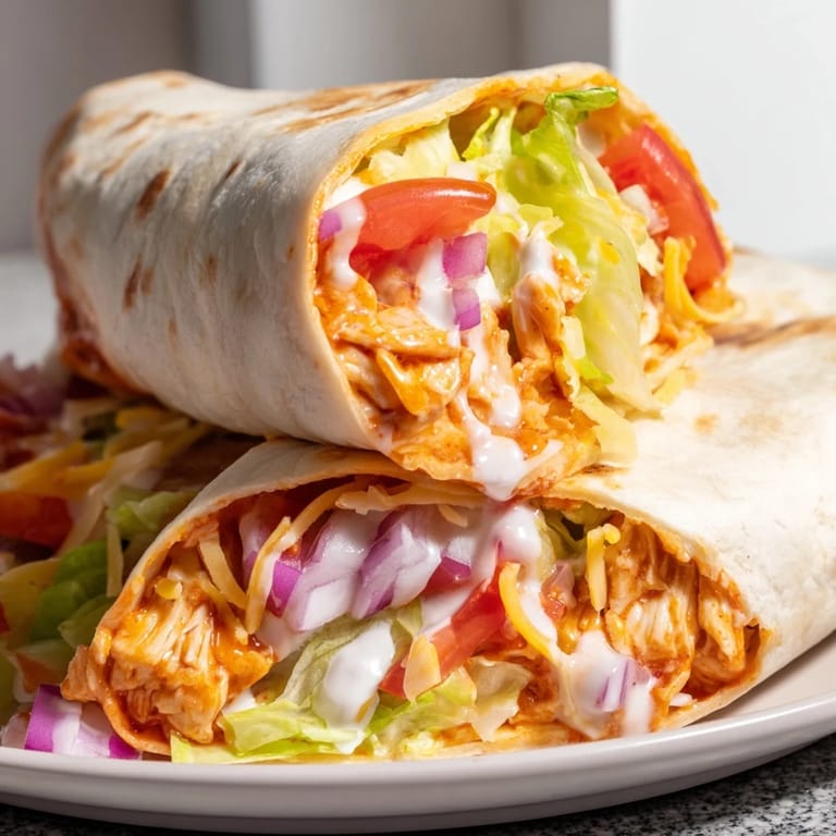 Warm, folded Buffalo Chicken Wrap filled with spicy chicken, melting cheddar, and fresh red onion.
