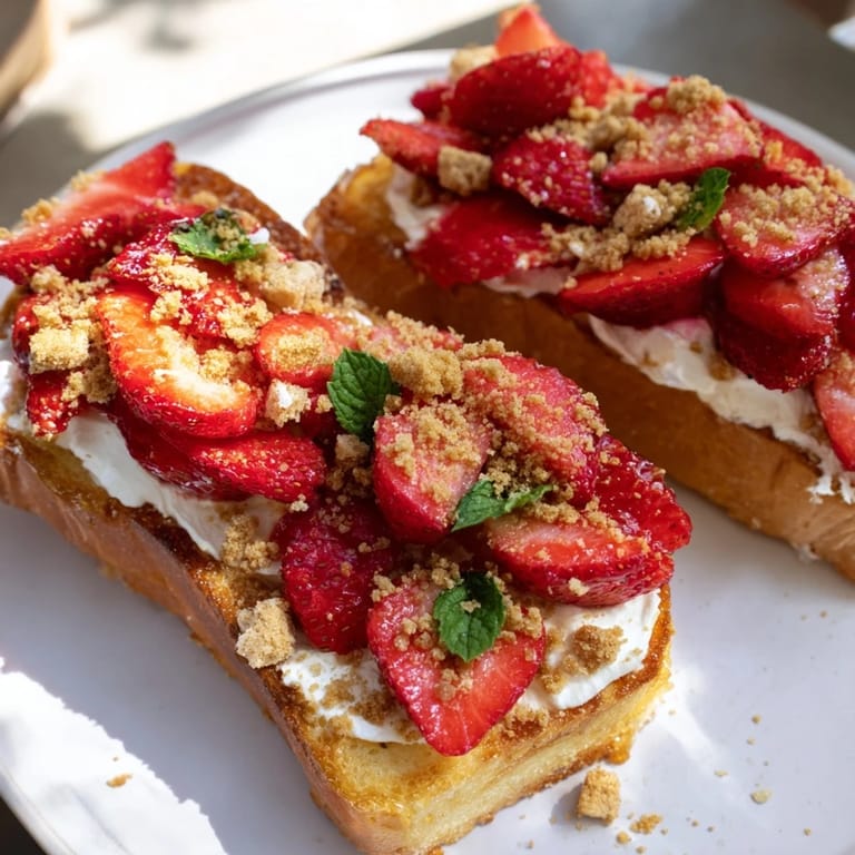 Sweet, juicy strawberries sit on a thick layer of cream cheese, a picture of Strawberry Cheesecake Toast.