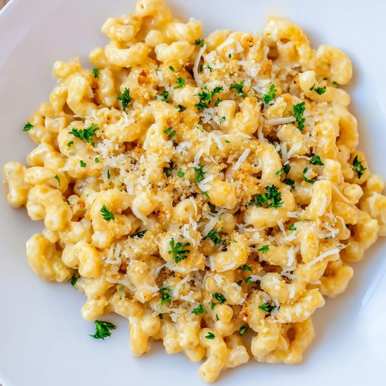 Golden-topped high-protein mac & cheese with parsley garnish, perfect for a cozy dinner.