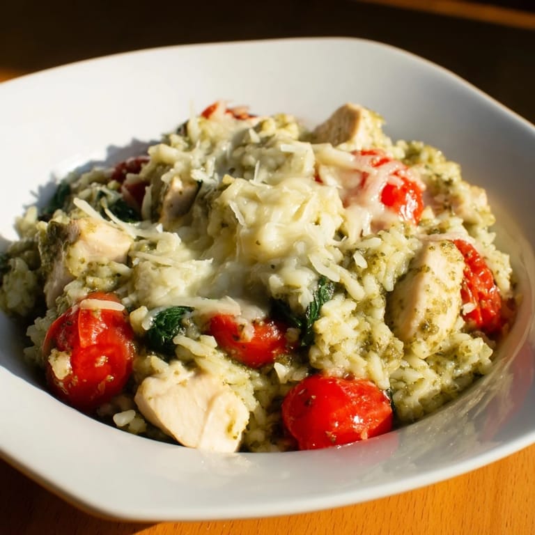 Golden-topped Chicken Pesto Rice Bake, ready to be served, filled with colorful cherry tomatoes and chicken.