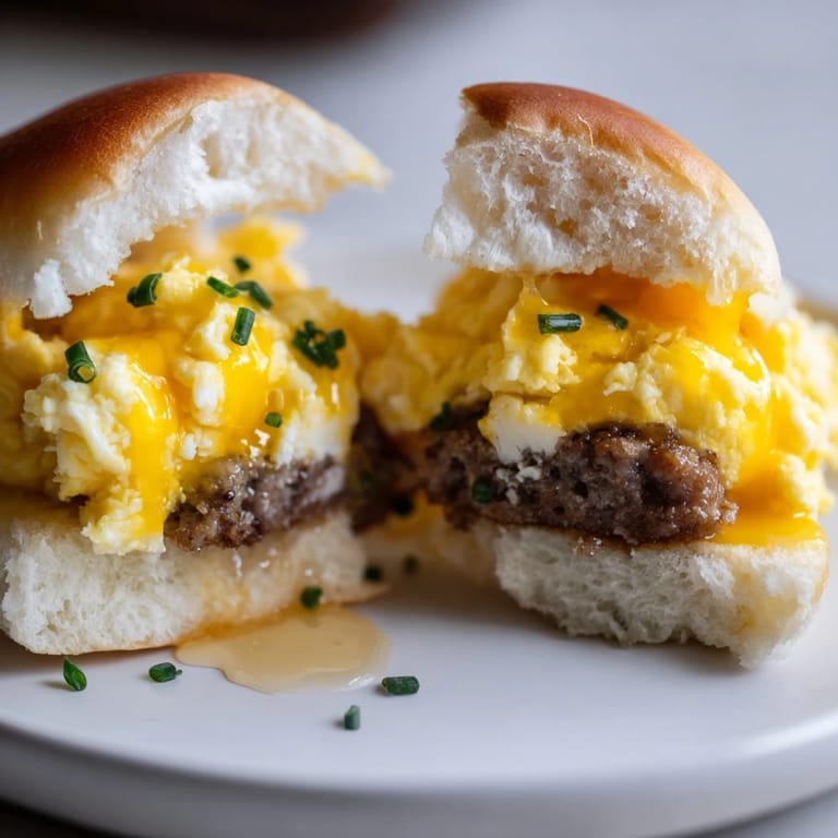 Golden-brown Mini Breakfast Sliders, drizzled with maple syrup, offering a sweet and savory bite.